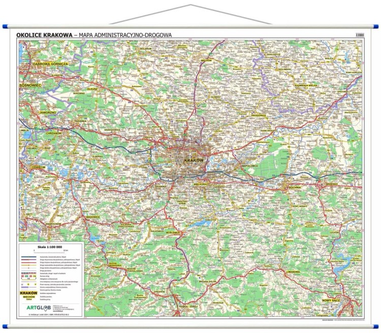 Okolice Krakowa 1:100 000. Mapa ścienna administracyjno-drogowa