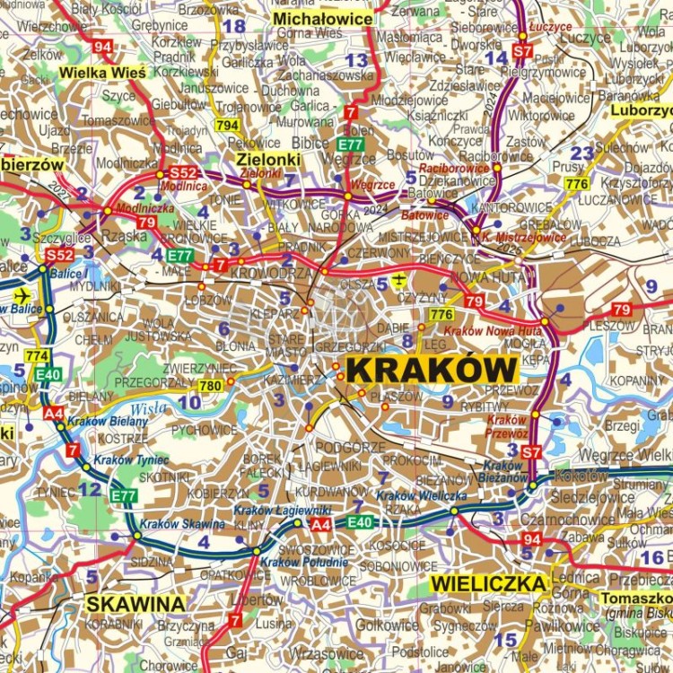 Okolice Krakowa 1:100 000. Mapa ścienna administracyjno-drogowa. Fragment 1
