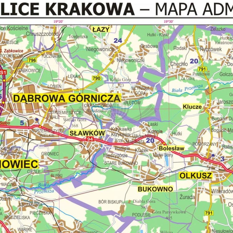 Okolice Krakowa 1:100 000. Mapa ścienna administracyjno-drogowa. Fragment 5