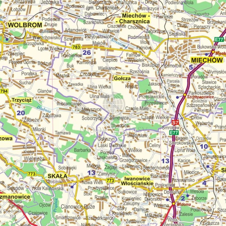 Okolice Krakowa 1:100 000. Mapa ścienna administracyjno-drogowa. Fragment 7