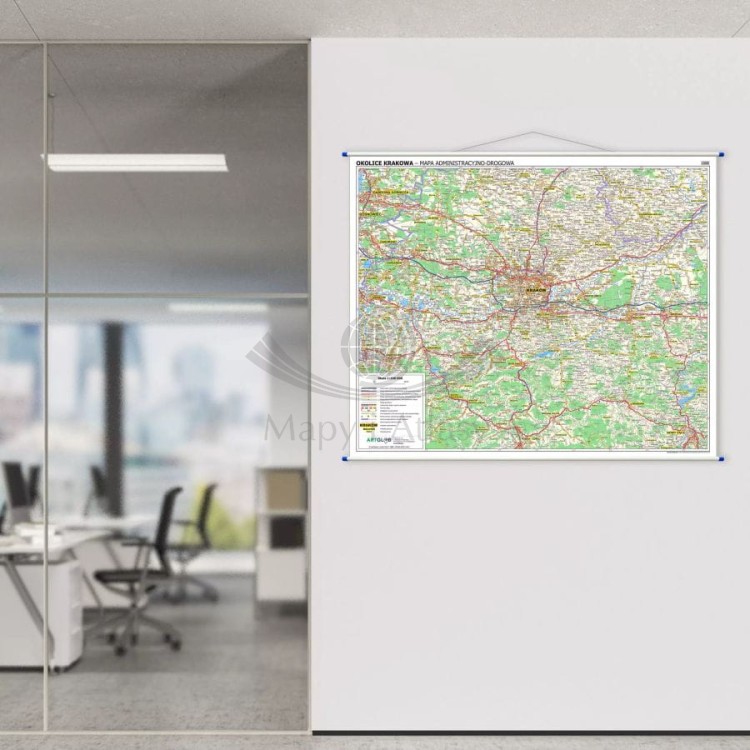 Okolice Krakowa 1:100 000. Mapa ścienna administracyjno-drogowa. Przykład aranżacji