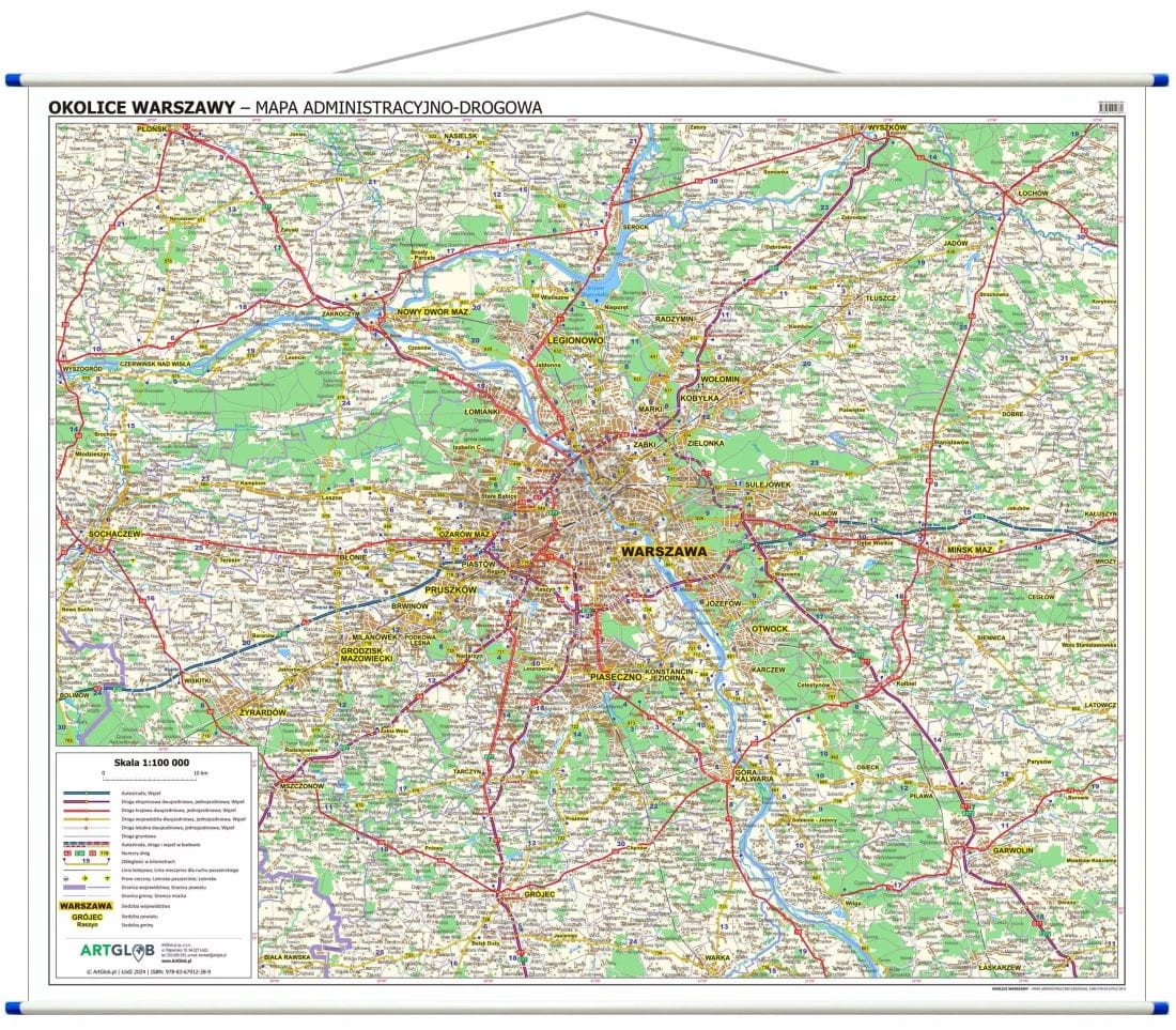 Okolice Warszawy 1:100 000. Mapa ścienna administracyjno-drogowa