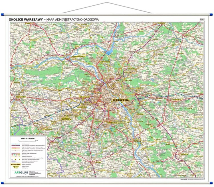 Okolice Warszawy 1:100 000. Mapa ścienna administracyjno-drogowa