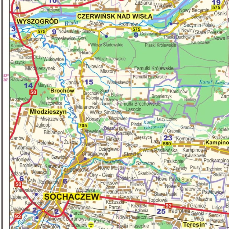 Okolice Warszawy 1:100 000. Mapa ścienna administracyjno-drogowa. Fragment 6