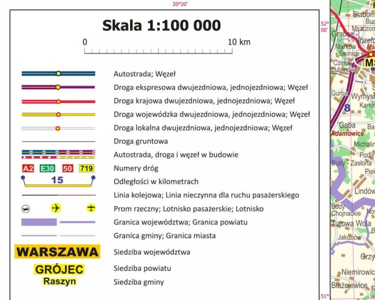 Okolice Warszawy 1:100 000. Mapa ścienna administracyjno-drogowa. Legenda