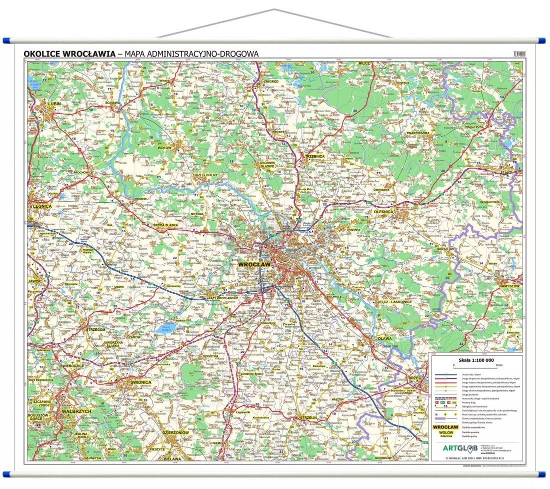 Okolice Wrocławia 1:100 000. Mapa ścienna administracyjno-drogowa