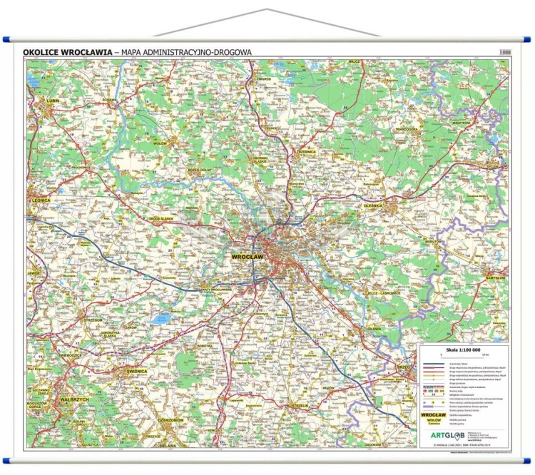 Okolice Wrocławia :100 000. Mapa ścienna administracyjno-drogowa