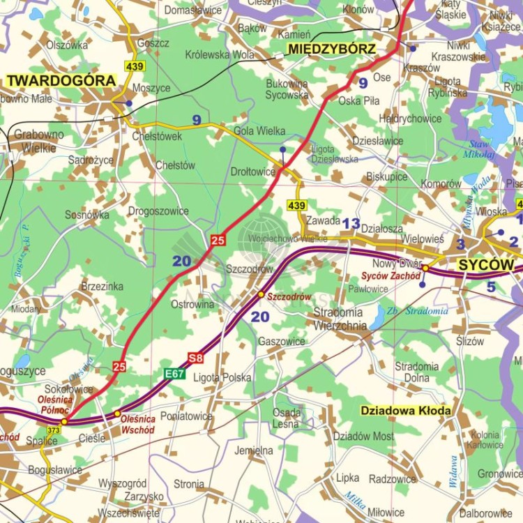 Okolice Wrocławia 1:100 000. Mapa ścienna administracyjno-drogowa. Fragment 1