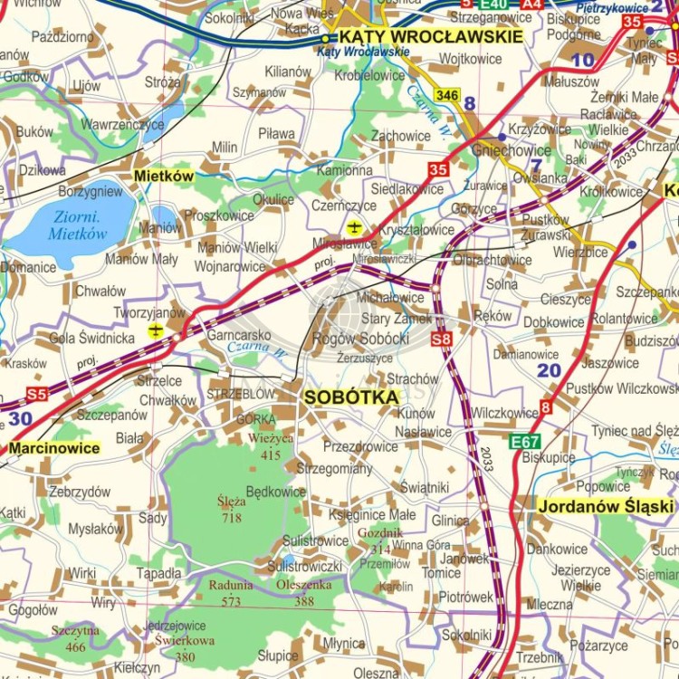 Okolice Wrocławia 1:100 000. Mapa ścienna administracyjno-drogowa. Fragment 6
