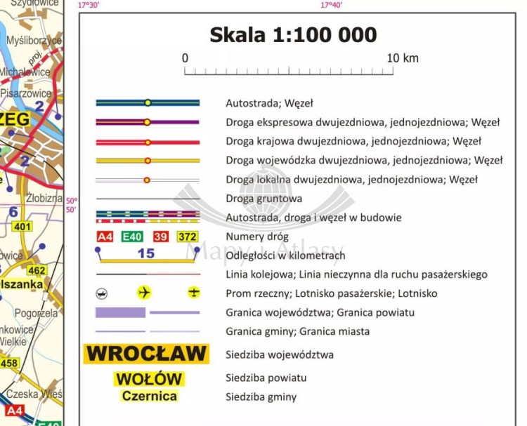 Okolice Wrocławia 1:100 000. Mapa ścienna administracyjno-drogowa. Legenda