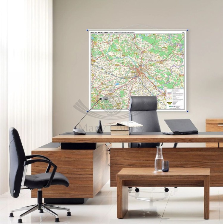Okolice Wrocławia 1:100 000. Mapa ścienna administracyjno-drogowa. Przykład aranżacji