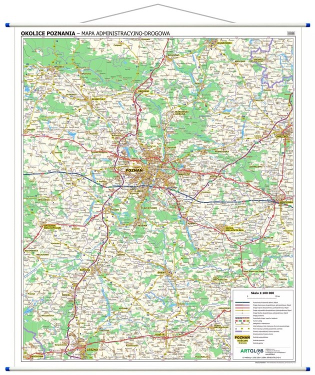 Okolice Poznania 1:100 000. Mapa ścienna administracyjno-drogowa