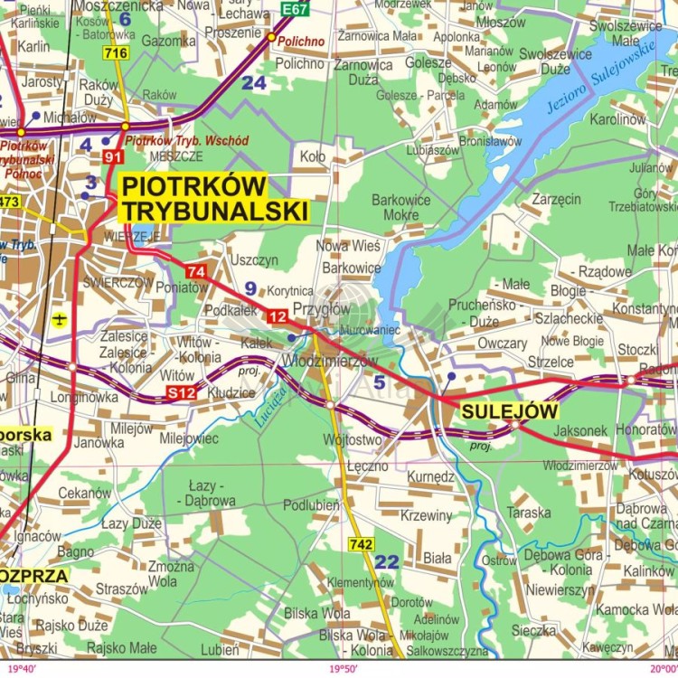 Okolice Łodzi 1:100 000. Mapa administracyjno-drogowa w ramie drewnianej. Fragment 2