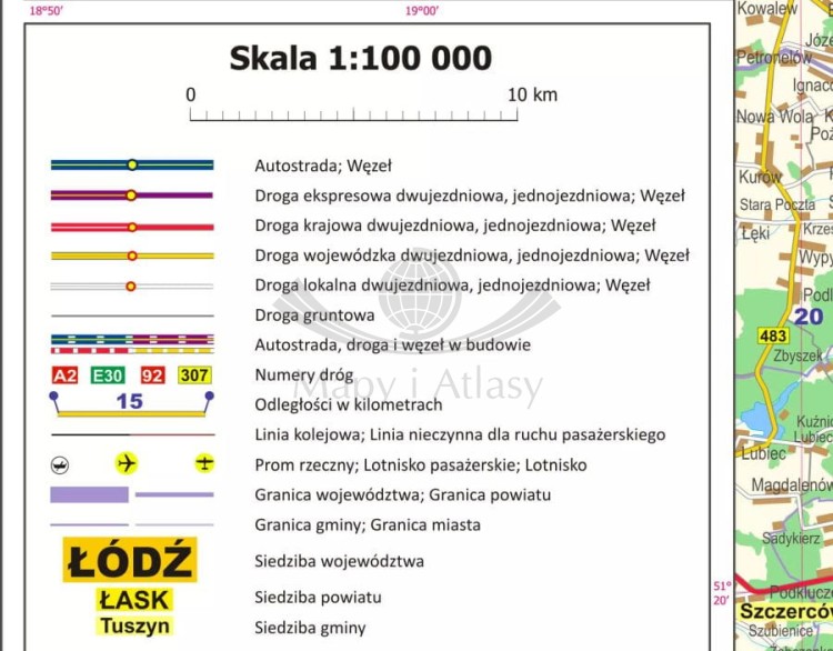 Okolice Łodzi 1:100 000. Mapa administracyjno-drogowa w ramie drewnianej. Legenda