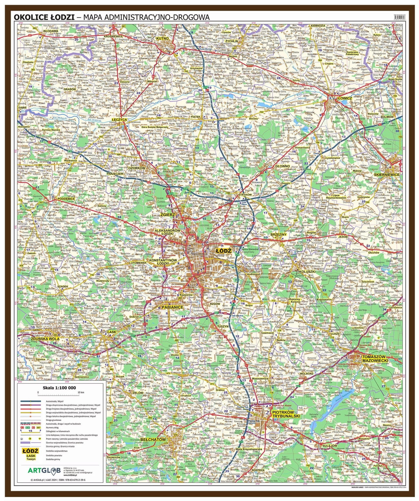 Okolice Łodzi 1:100 000. Mapa administracyjno-drogowa w ramie drewnianej