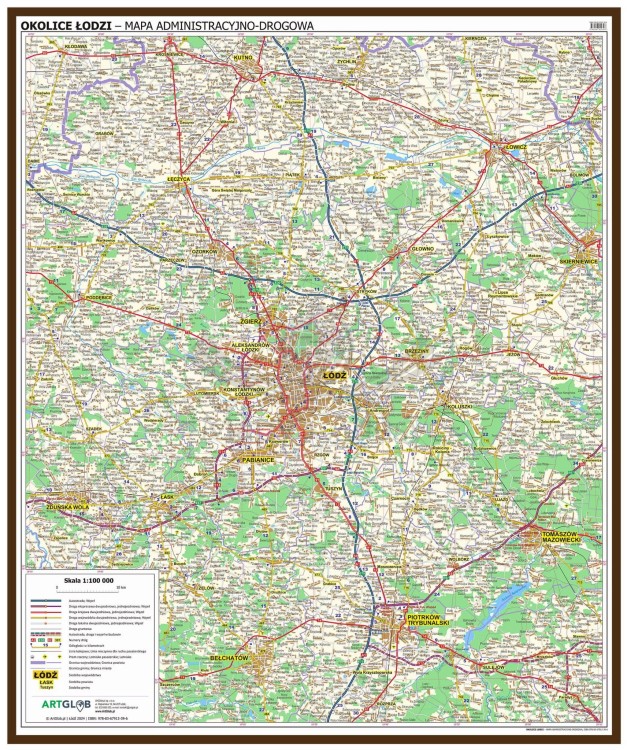 Okolice Łodzi 1:100 000. Mapa administracyjno-drogowa w ramie drewnianej