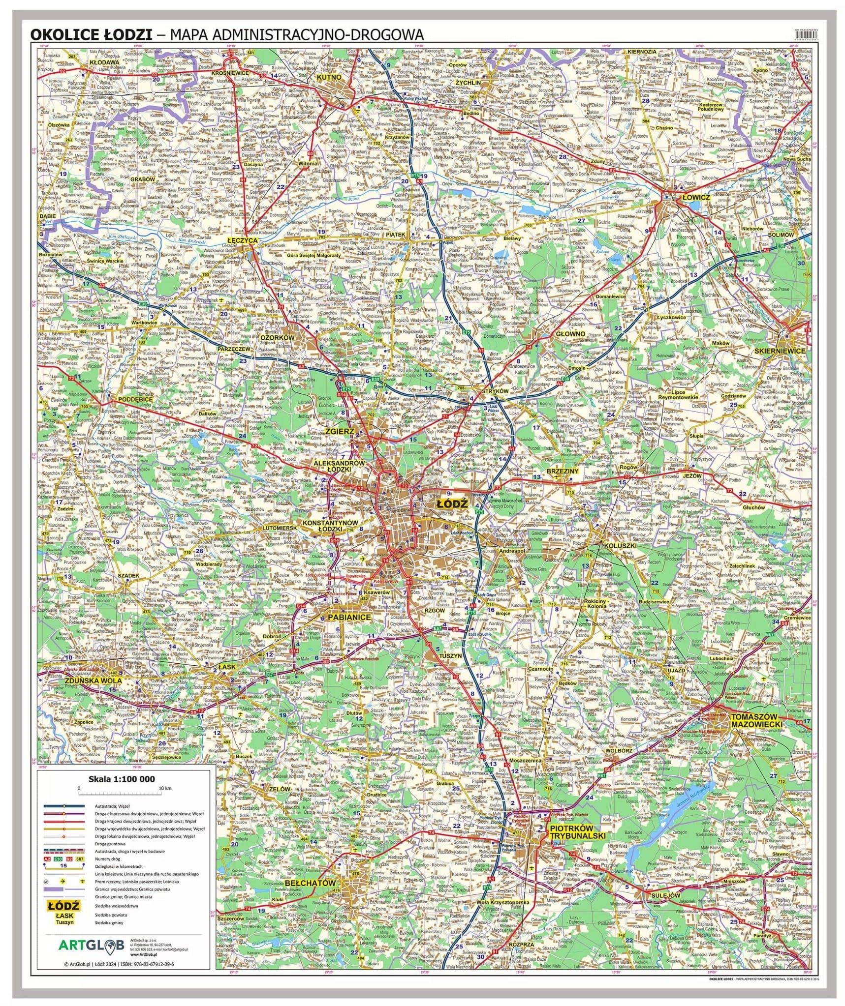 Okolice Łodzi 1:100 000. Mapa administracyjno-drogowa. Wersja do magnetyczna