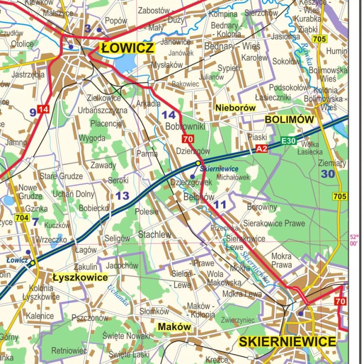 Okolice Łodzi 1:100 000. Arkusz, mapa ścienna administracyjno-drogowa. Fragment 3