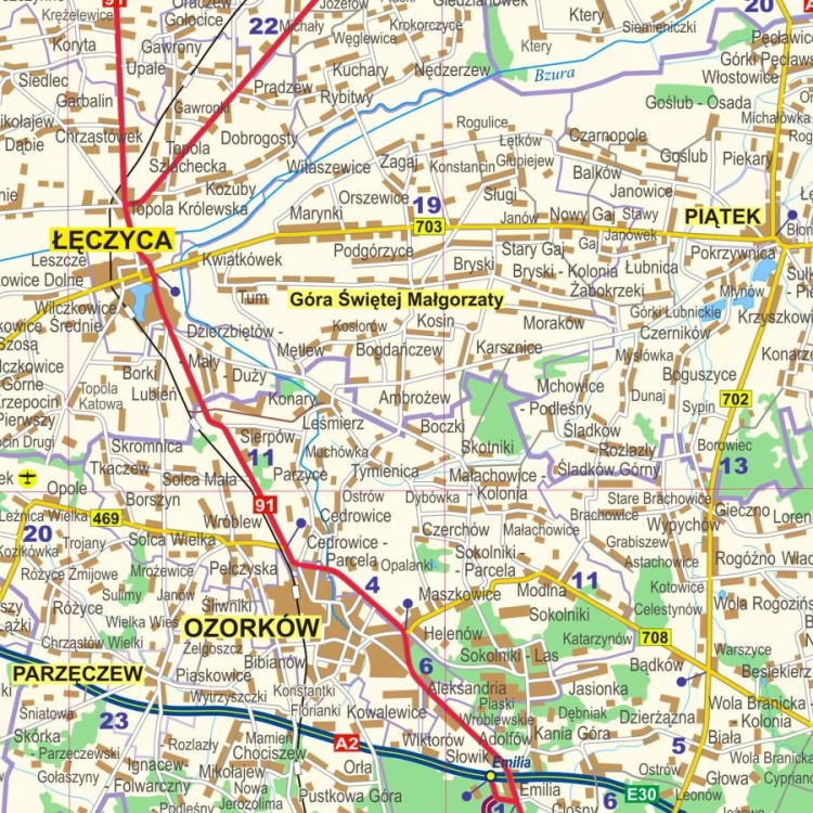 Okolice Łodzi 1:100 000. Arkusz, mapa ścienna administracyjno-drogowa. Fragment 6