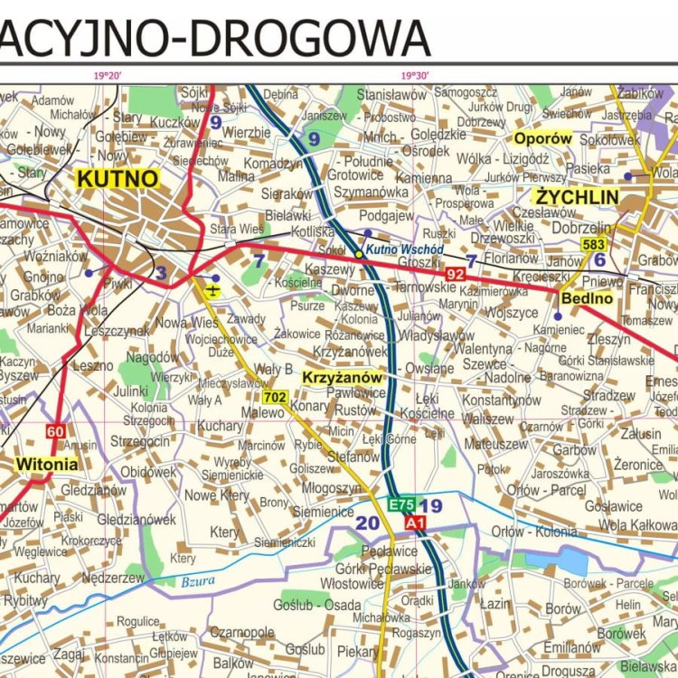 Okolice Łodzi 1:100 000. Arkusz, mapa ścienna administracyjno-drogowa. Fragment 7