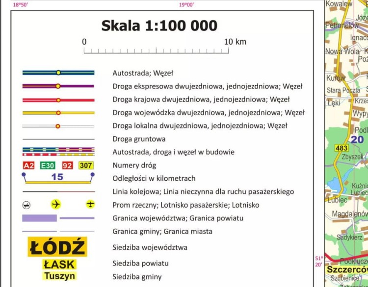 Okolice Łodzi 1:100 000. Arkusz, mapa ścienna administracyjno-drogowa. Legenda