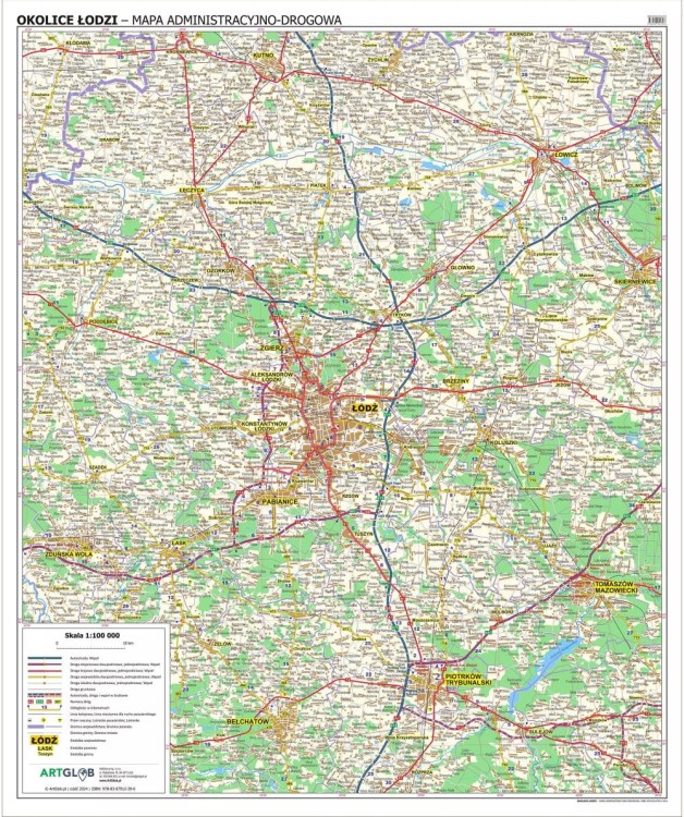 Okolice Łodzi 1:100 000. Arkusz, mapa ścienna administracyjno-drogowa