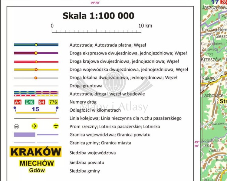 Okolice Krakowa 1:100 000. Mapa administracyjno-drogowa w ramie drewnianej. Legenda