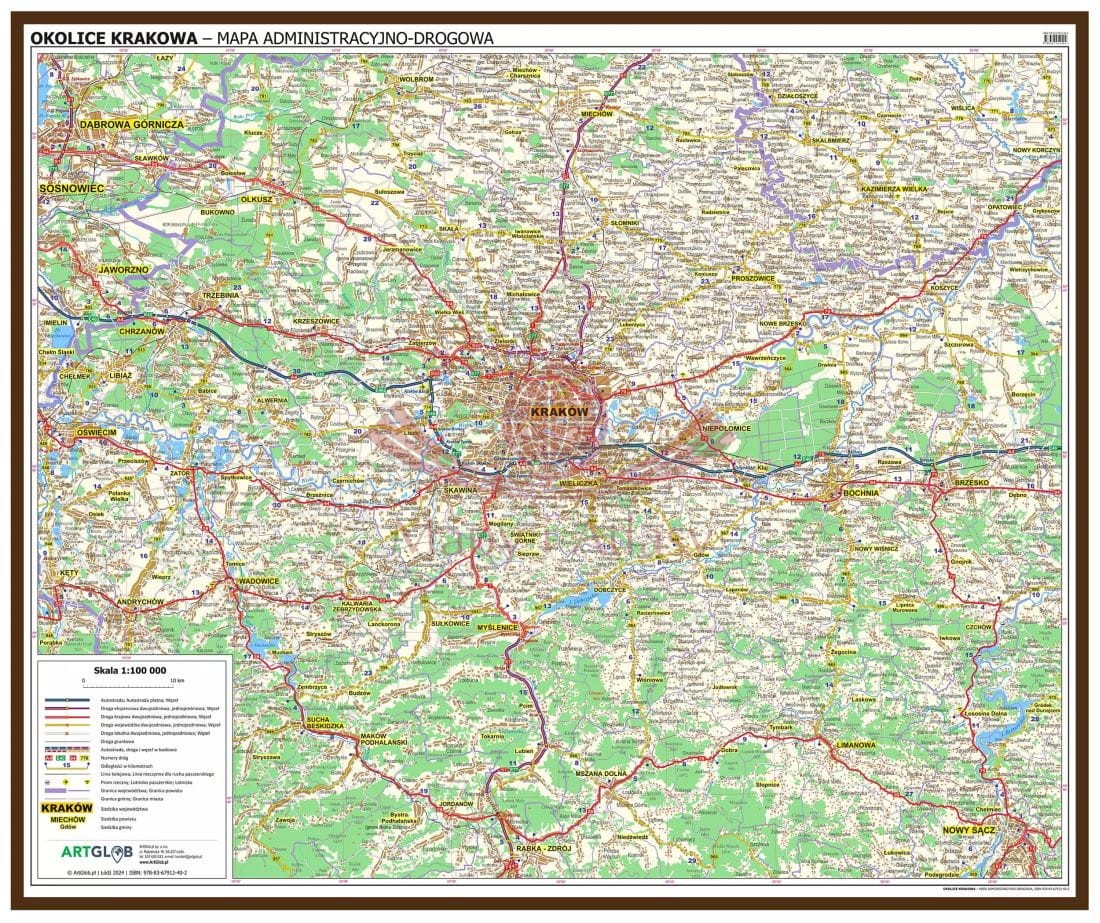 Okolice Krakowa 1:100 000. Mapa administracyjno-drogowa w ramie drewnianej