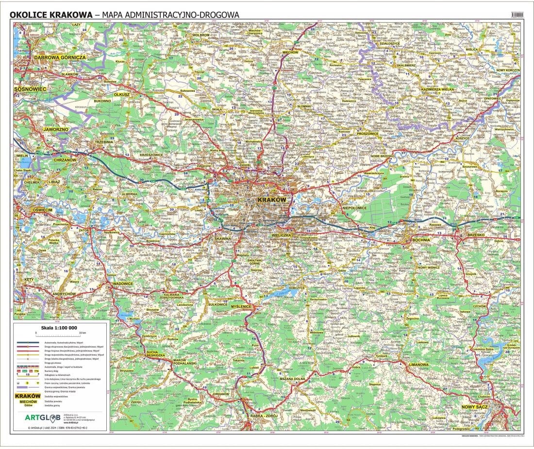 Okolice Krakowa 1:100 000. Arkusz, mapa ścienna administracyjno-drogowa