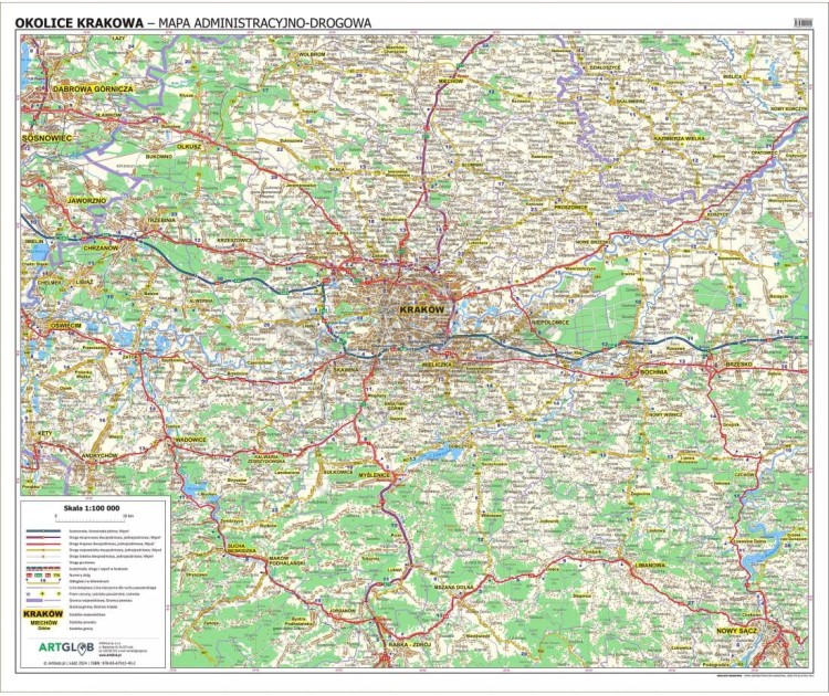 Okolice Krakowa 1:100 000. Arkusz, mapa ścienna administracyjno-drogowa