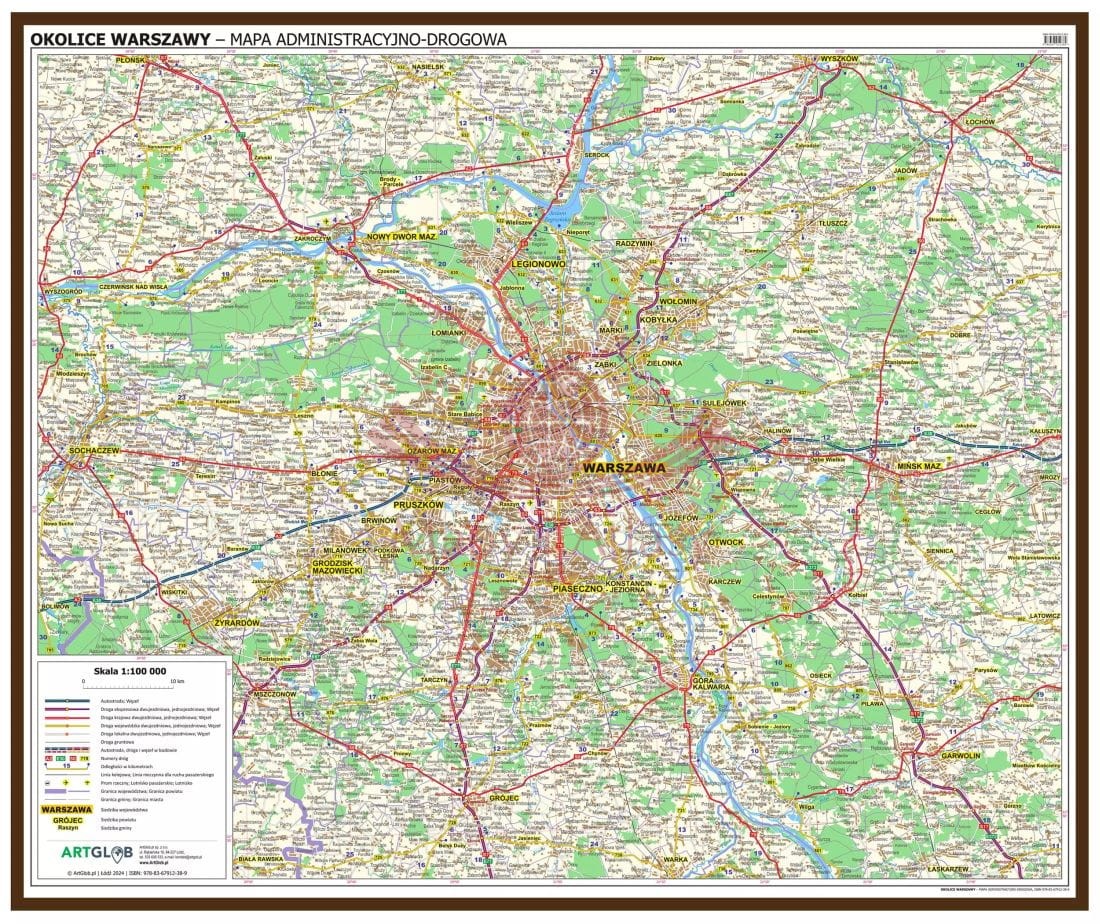 Okolice Warszawy 1:100 000. Mapa administracyjno-drogowa w ramie drewnianej