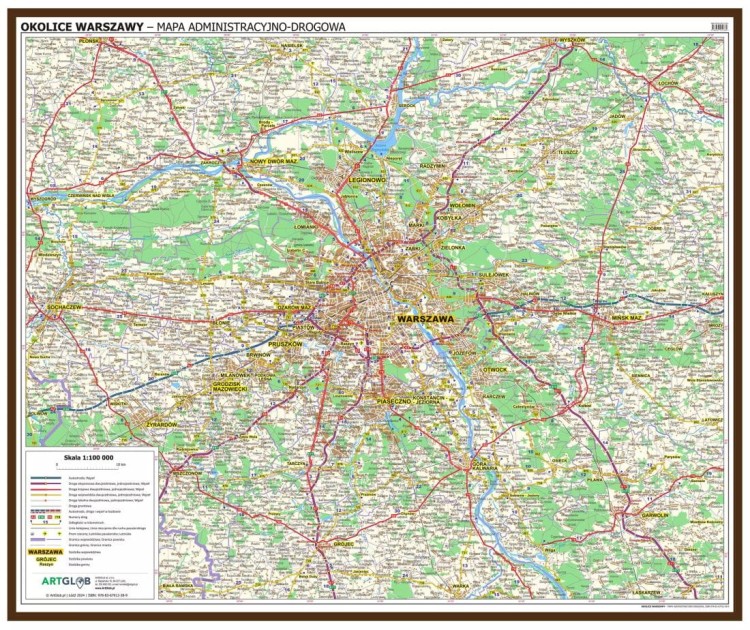 Okolice Warszawy 1:100 000. Mapa administracyjno-drogowa w ramie drewnianej