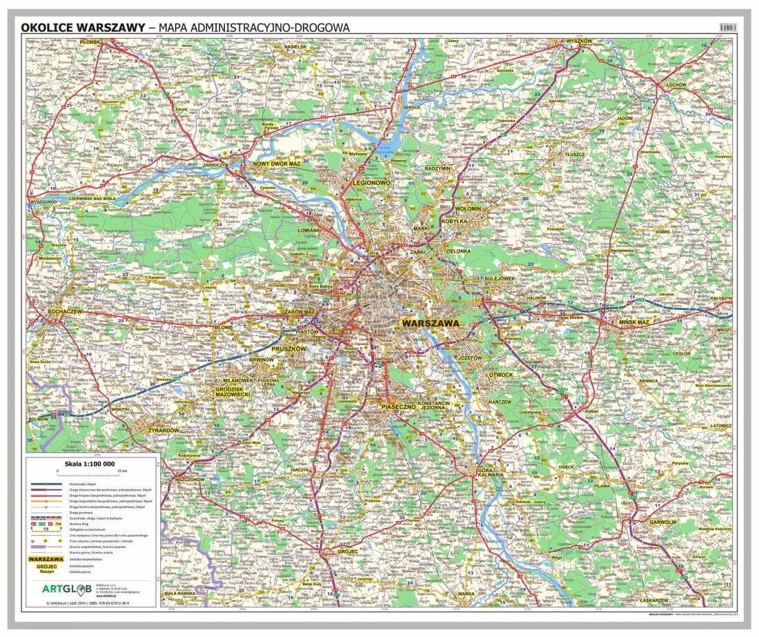 Okolice Warszawy 1:100 000. Mapa administracyjno-drogowa. Wersja do wpinania
