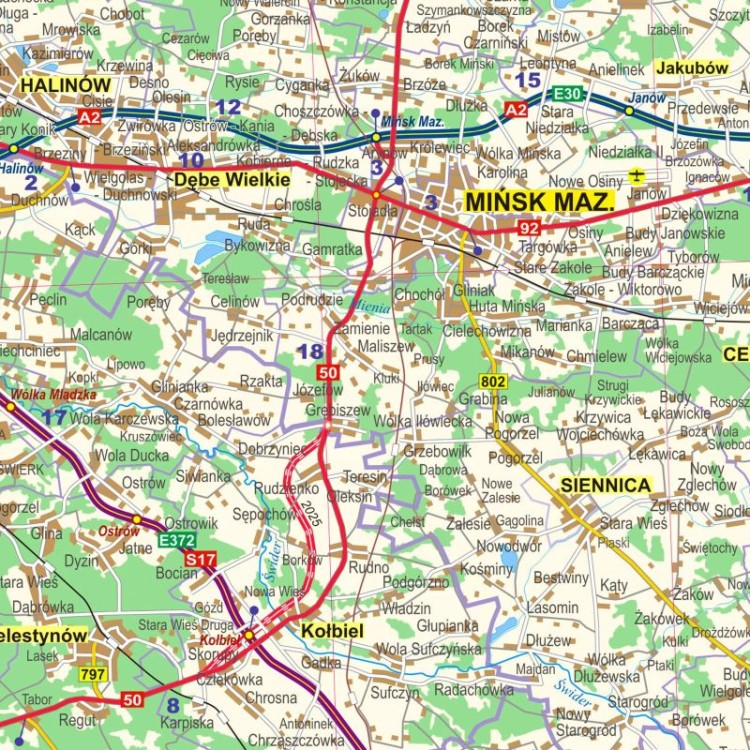 Okolice Warszawy 1:100 000. Mapa administracyjno-drogowa. Wersja magnetyczna. Fragment 7
