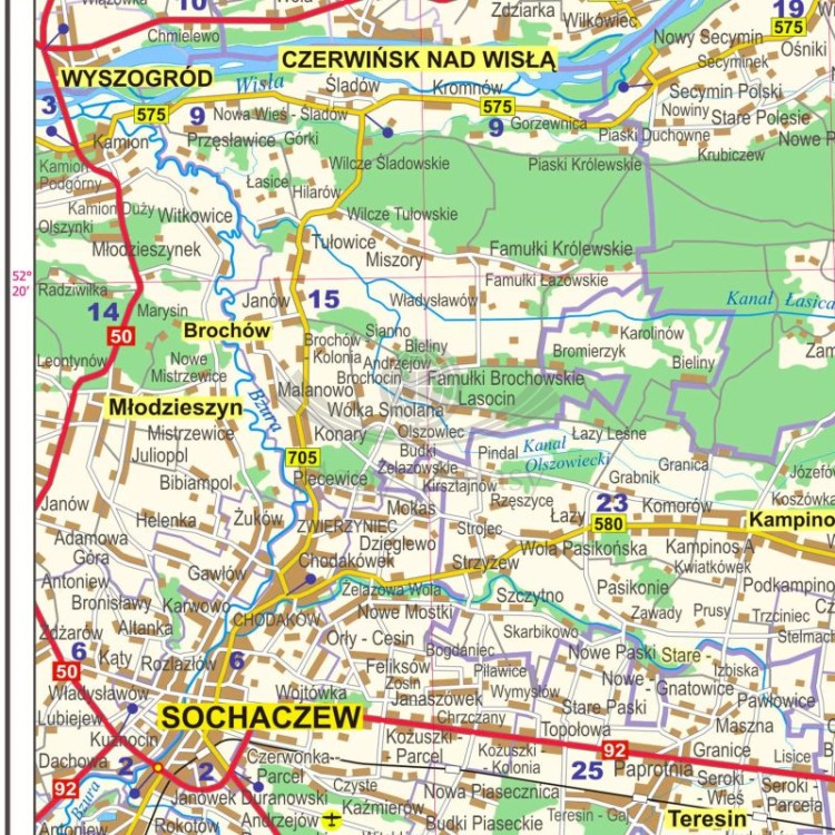 Okolice Warszawy 1:100 000. Arkusz, mapa ścienna administracyjno-drogowa. Fragment 6