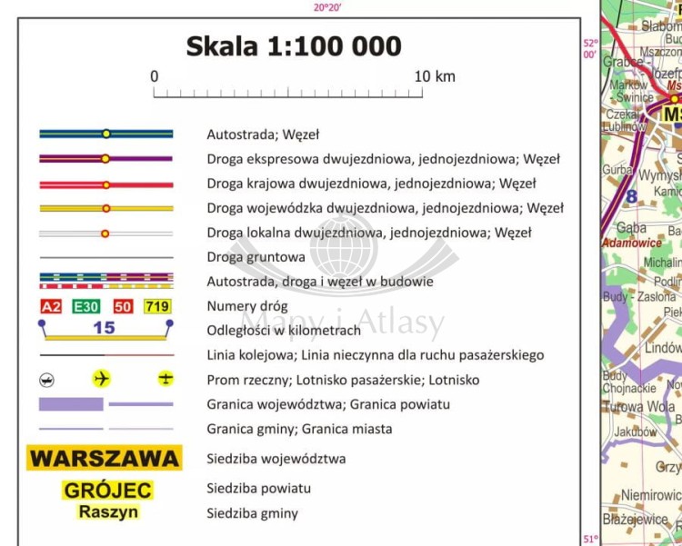 Okolice Warszawy 1:100 000. Arkusz, mapa ścienna administracyjno-drogowa. Legenda