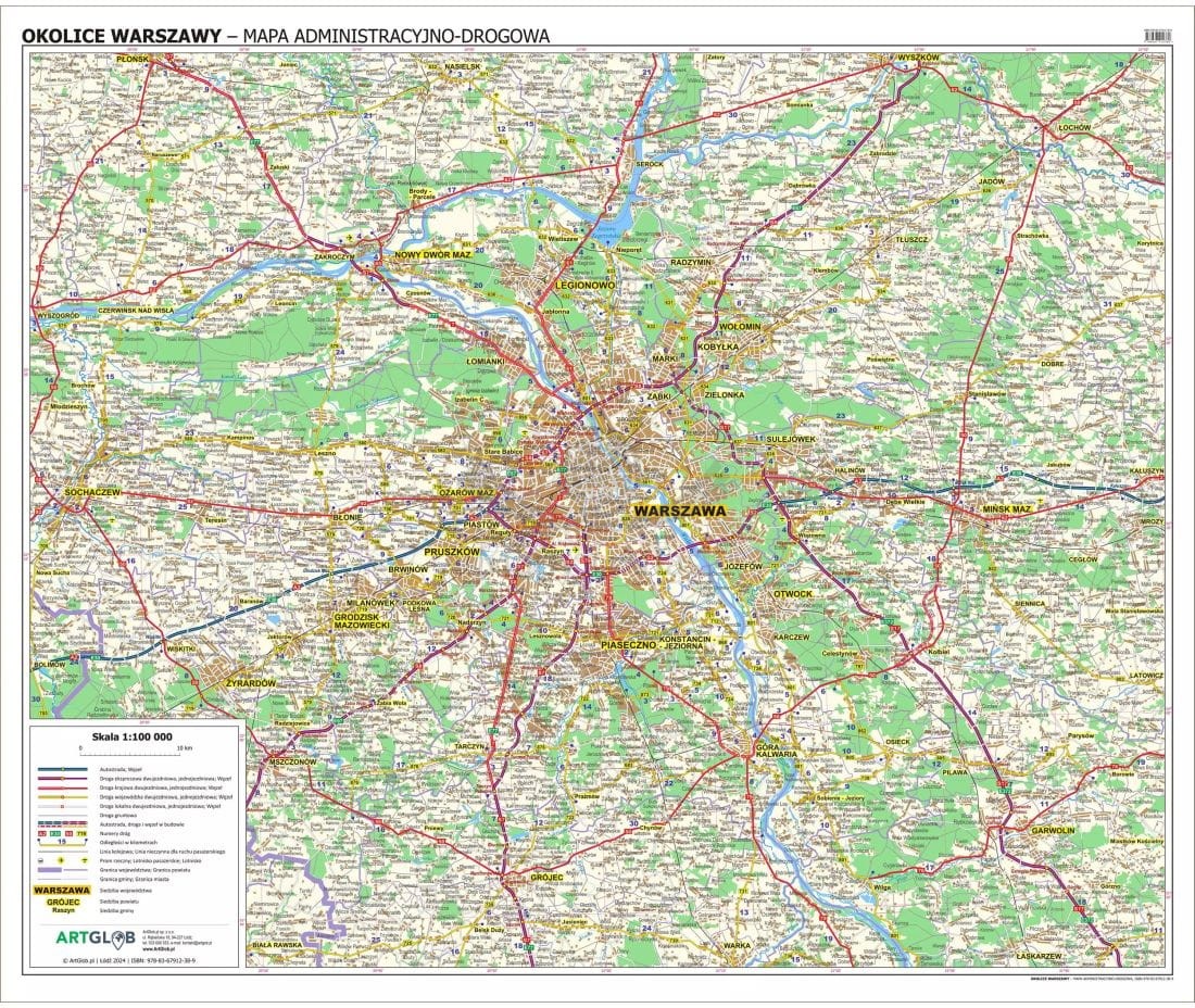 Okolice Warszawy 1:100 000. Arkusz, mapa ścienna administracyjno-drogowa