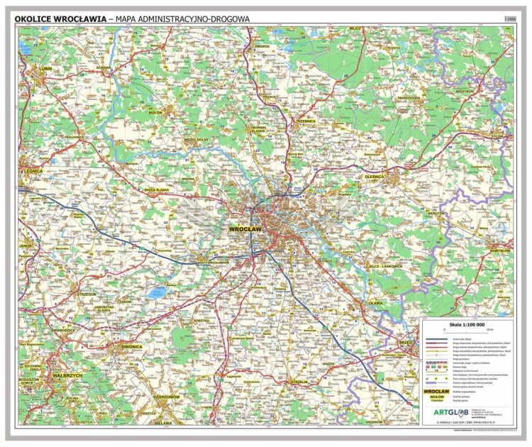 Okolice Wrocławia 1:100 000. Mapa administracyjno-drogowa. Wersja do wpinania