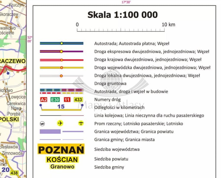 Okolice Poznania 1:100 000. Mapa administracyjno-drogowa w ramie drewnianej. Legenda