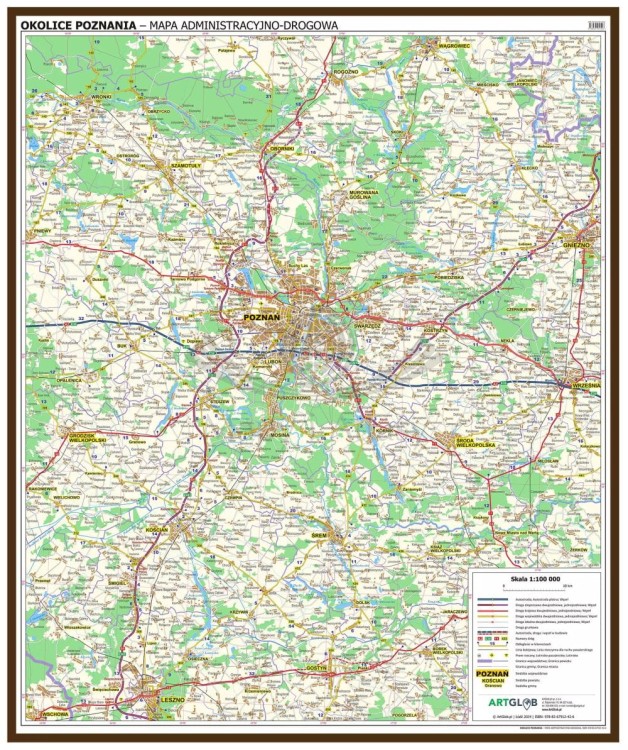 Okolice Poznania 1:100 000. Mapa administracyjno-drogowa w ramie drewnianej