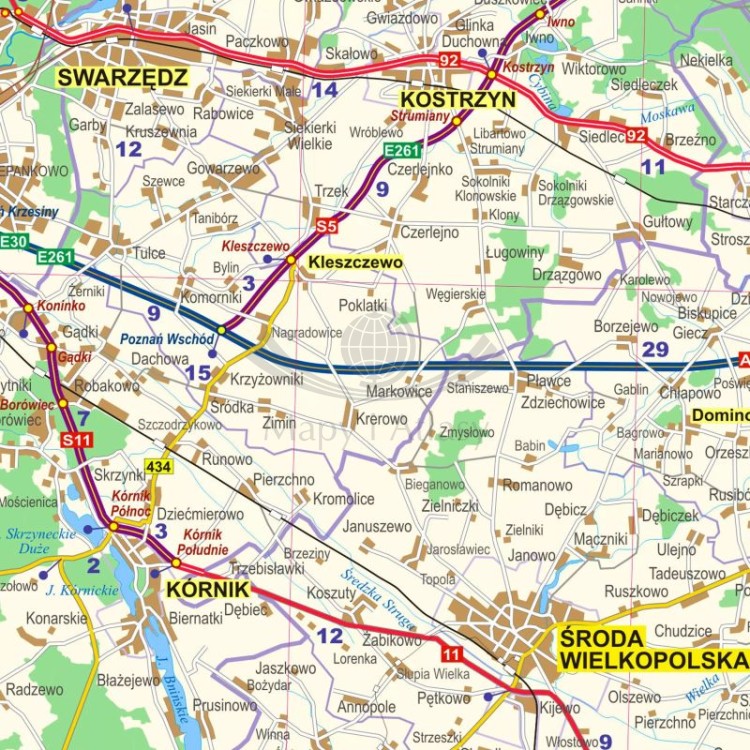 Okolice Poznania 1:100 000. Mapa administracyjno-drogowa. Wersja do wpinania. Fragment 2