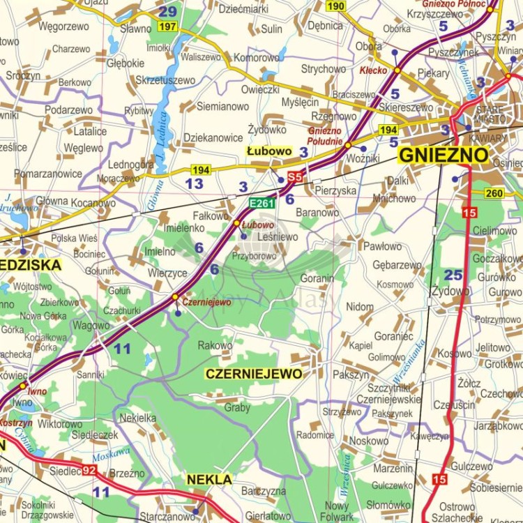 Okolice Poznania 1:100 000. Mapa administracyjno-drogowa. Wersja do wpinania. Fragment 5
