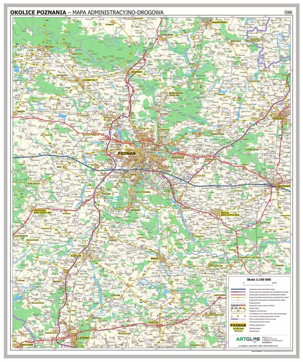 Okolice Poznania 1:100 000. Mapa administracyjno-drogowa. Wersja do wpinania