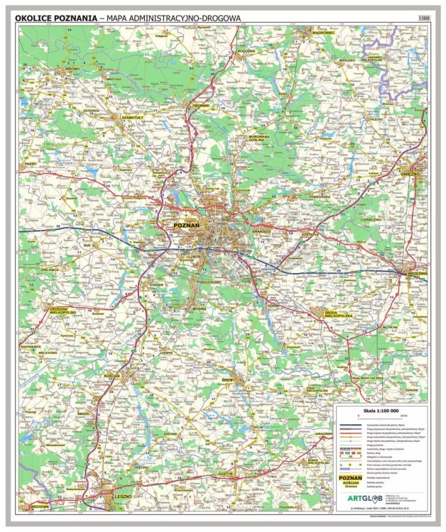 Okolice Poznania 1:100 000. Mapa administracyjno-drogowa. Wersja do wpinania