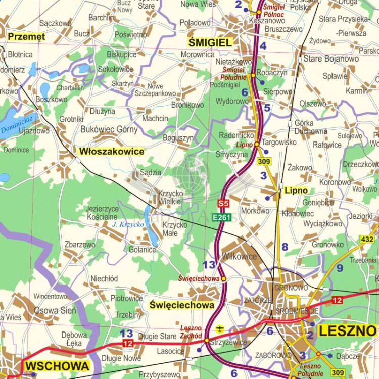 Okolice Poznania 1:100 000. Arkusz, mapa ścienna administracyjno-drogowa. Fragment 6