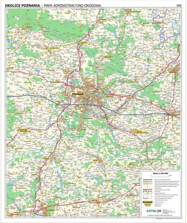 Okolice Poznania 1:100 000. Arkusz, mapa ścienna administracyjno-drogowa