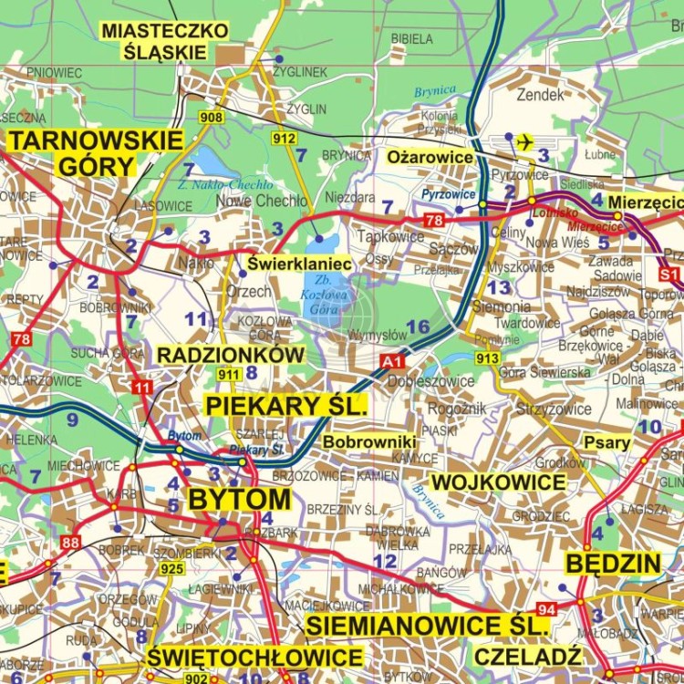 Okolice Katowic 1:100 000. Mapa administracyjno-drogowa w ramie drewnianej. Fragment 1