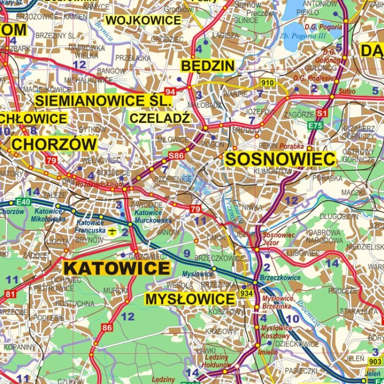 Okolice Katowic 1:100 000. Mapa administracyjno-drogowa w ramie drewnianej. Fragment 3