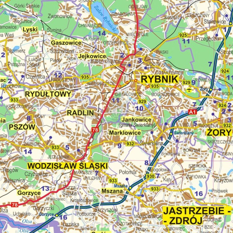 Okolice Katowic 1:100 000. Mapa administracyjno-drogowa w ramie drewnianej. Fragment 5