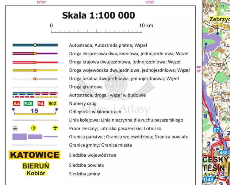 Okolice Katowic 1:100 000. Mapa administracyjno-drogowa w ramie drewnianej. Legenda